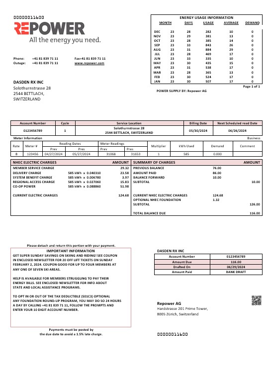 Switzerland Repower AG business utility bill template, fully editable in Word and PDF formats